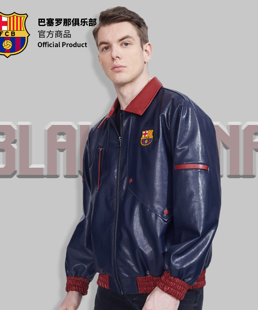 FC Barcelona Red & Blue Leather Motorcycle Jacket