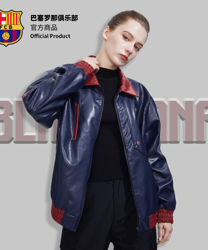 FC Barcelona Red & Blue Leather Motorcycle Jacket