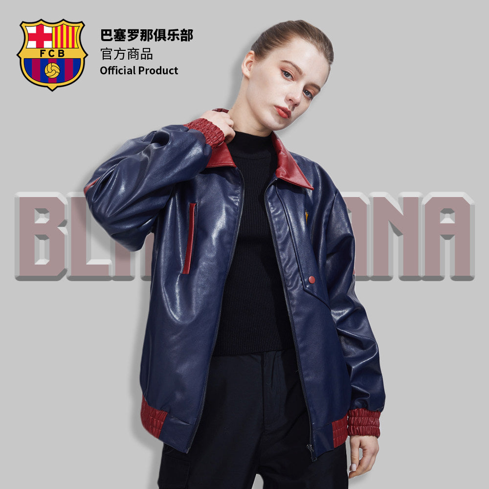 FC Barcelona Red & Blue Leather Motorcycle Jacket