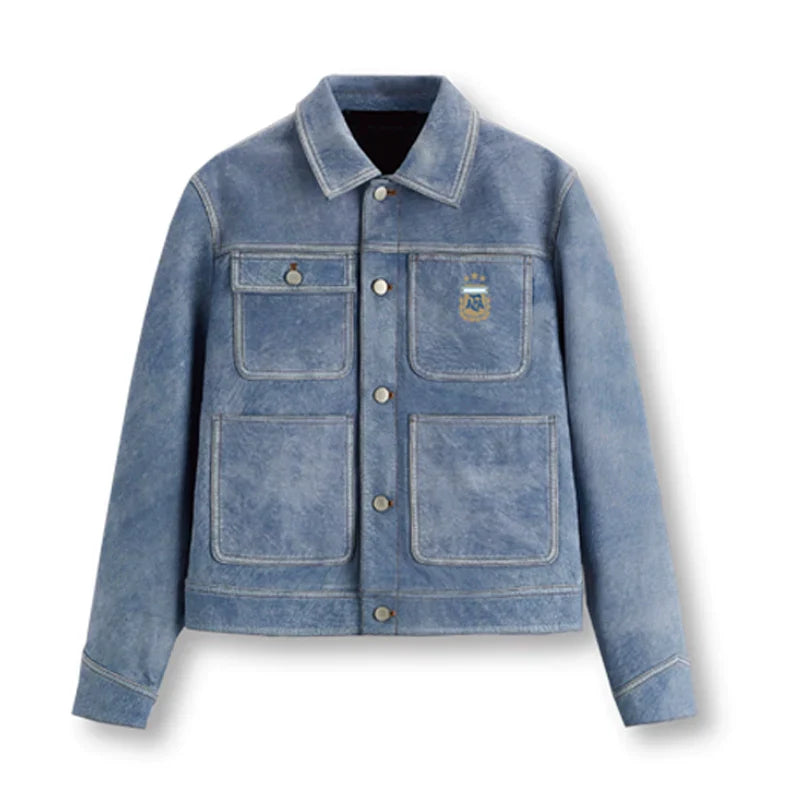 [Official Genuine] Argentina National Team|Tie-dye fog blue PU jacket casual fashion versatile defense