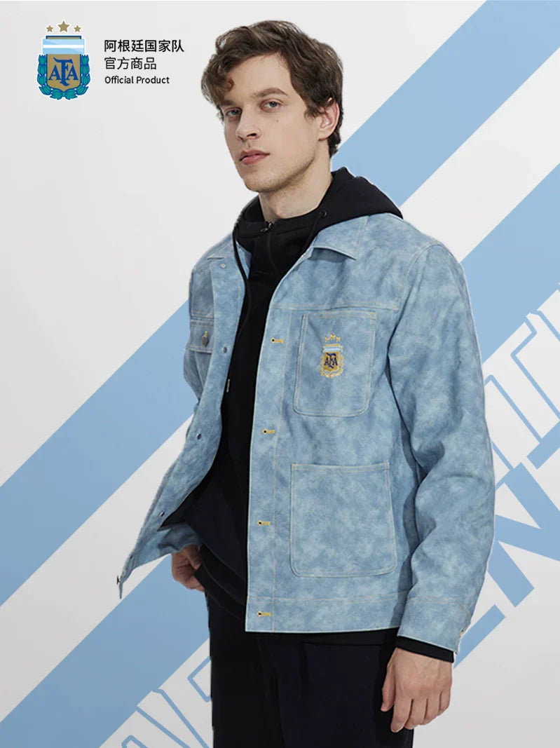 [Official Genuine] Argentina National Team|Tie-dye fog blue PU jacket casual fashion versatile defense