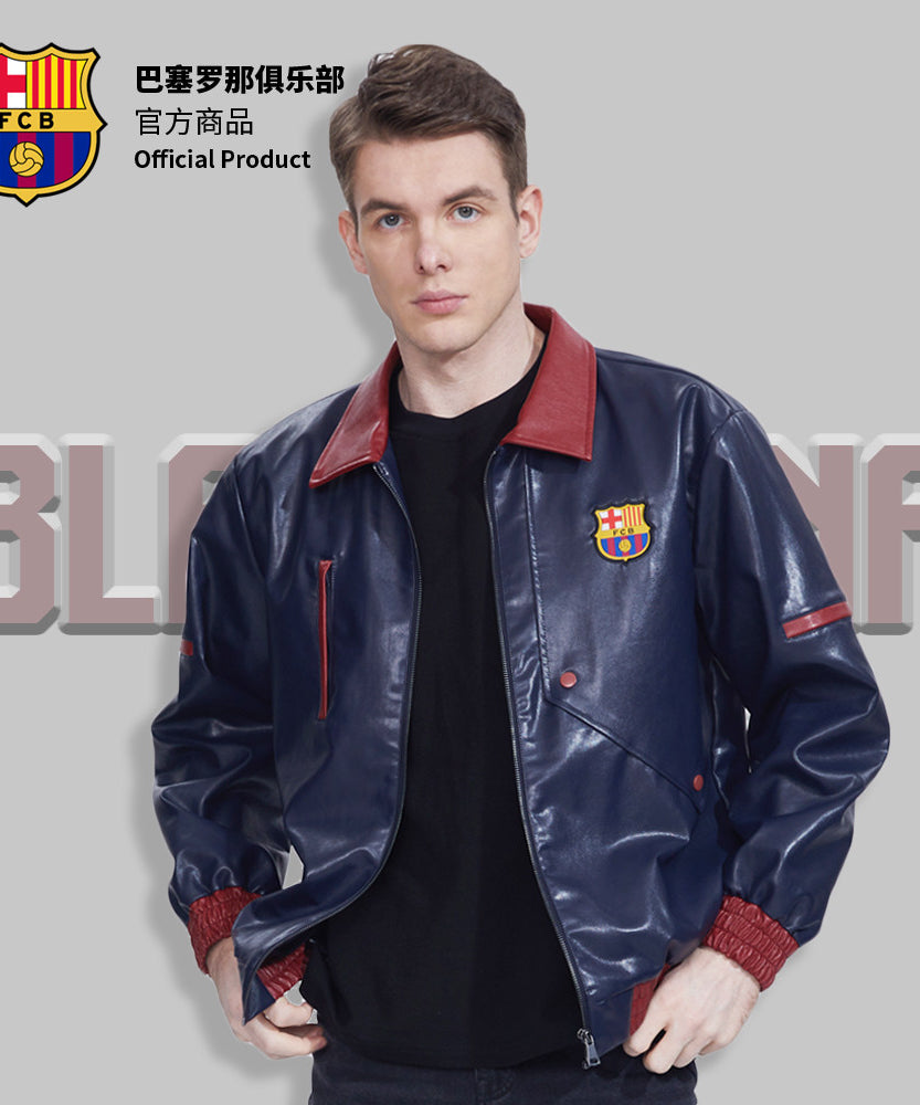 FC Barcelona Red & Blue Leather Motorcycle Jacket
