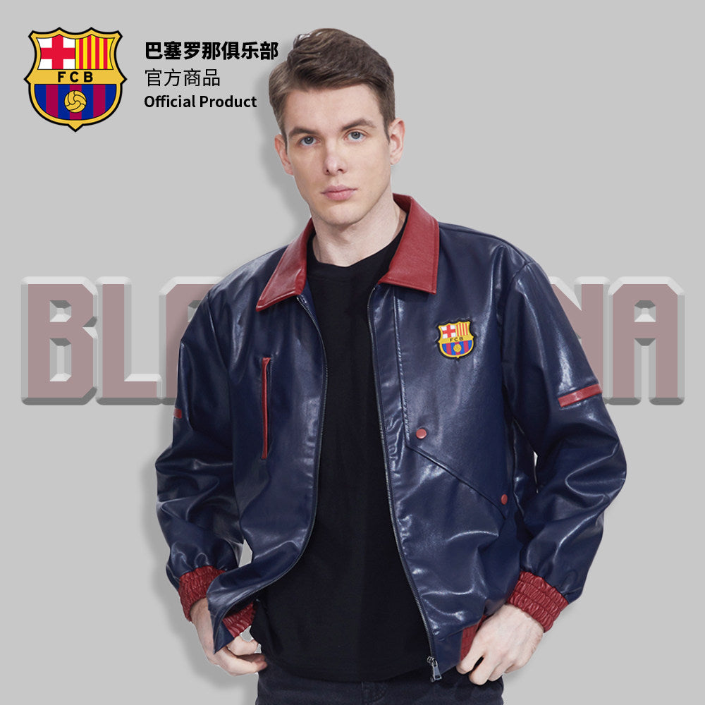 FC Barcelona Red & Blue Leather Motorcycle Jacket
