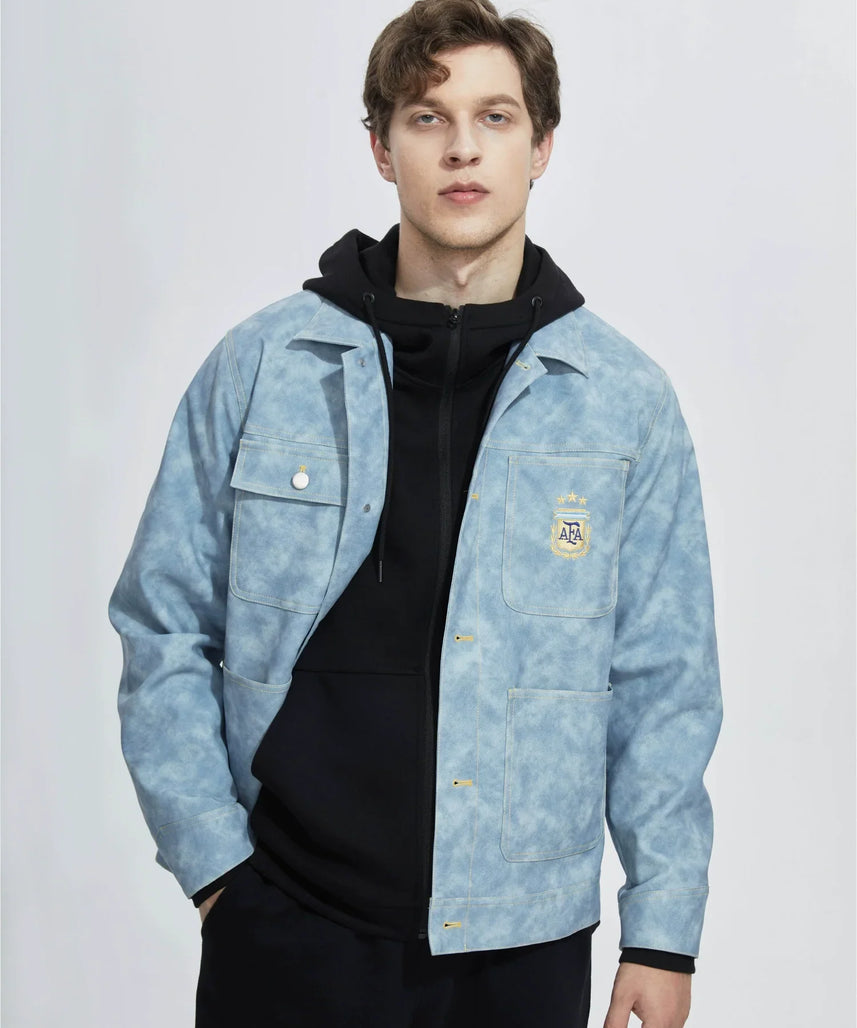 [Official Genuine] Argentina National Team|Tie-dye fog blue PU jacket casual fashion versatile defense