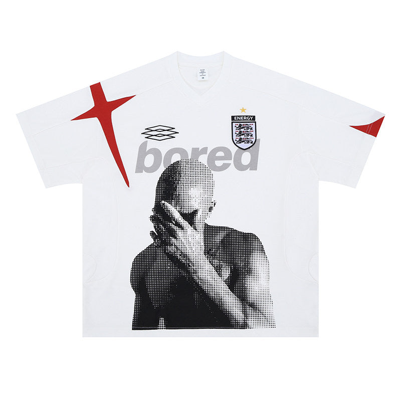 American Street Retro Badge Print Hip-Hop V-Neck T-Shirt