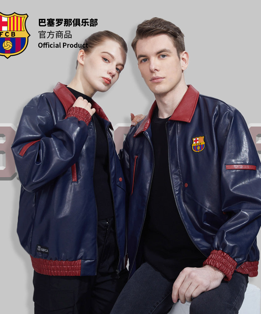 FC Barcelona Red & Blue Leather Motorcycle Jacket