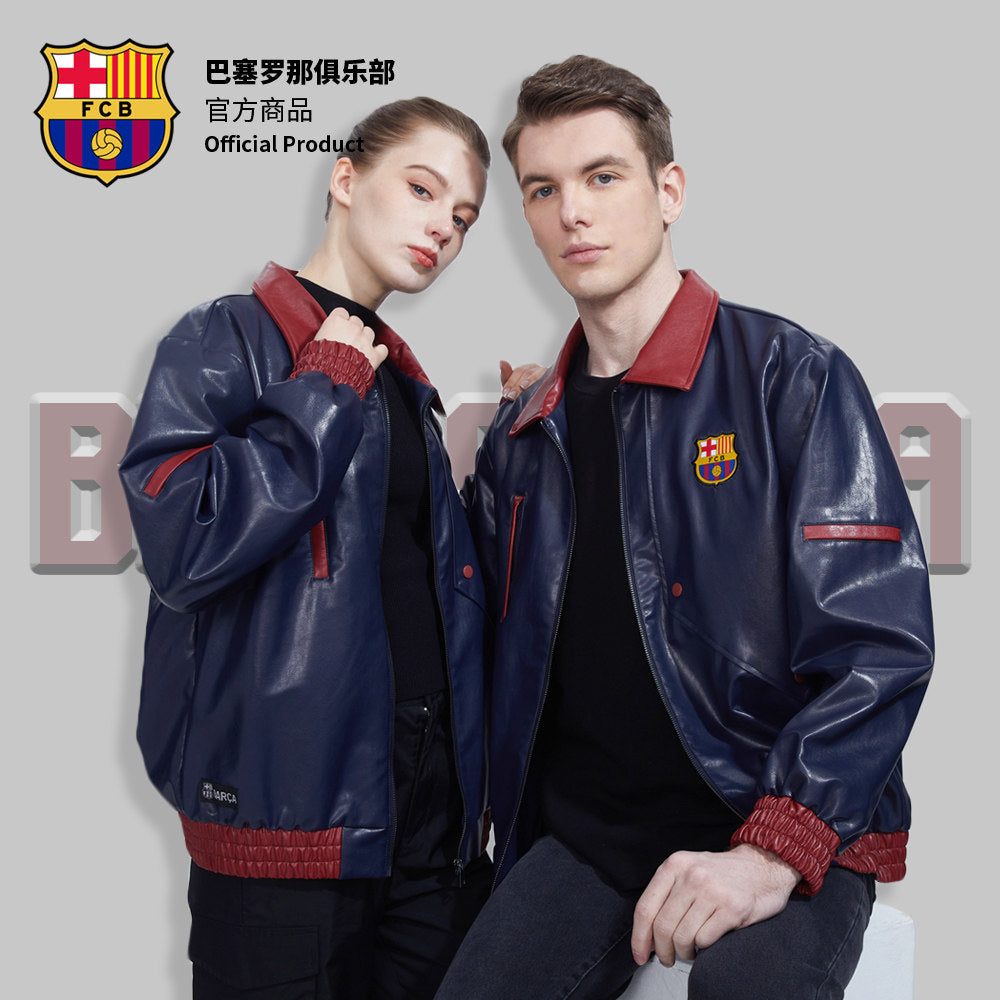 FC Barcelona Red & Blue Leather Motorcycle Jacket